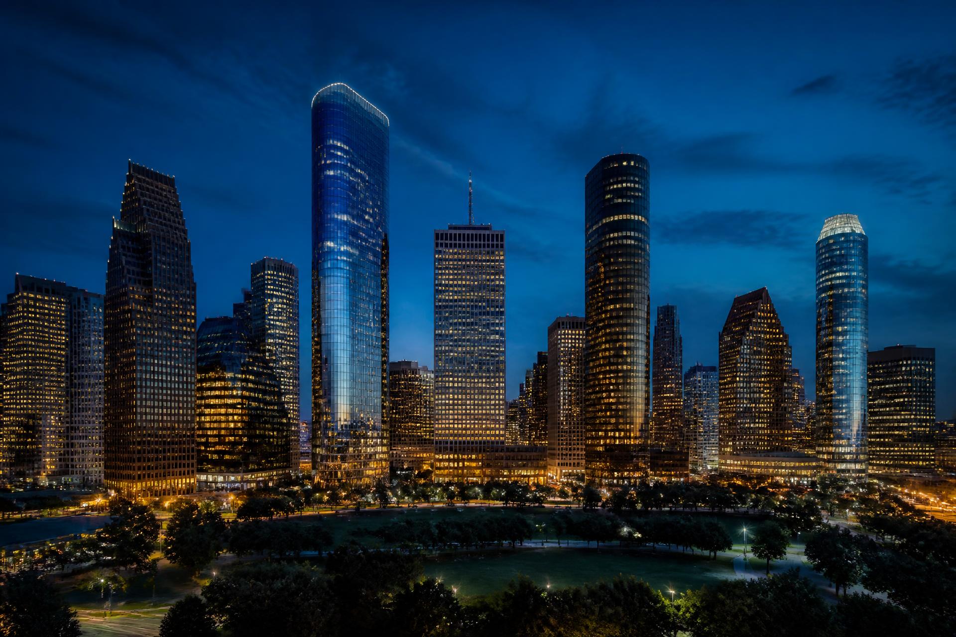 Downtown Houston skyline at blue hour